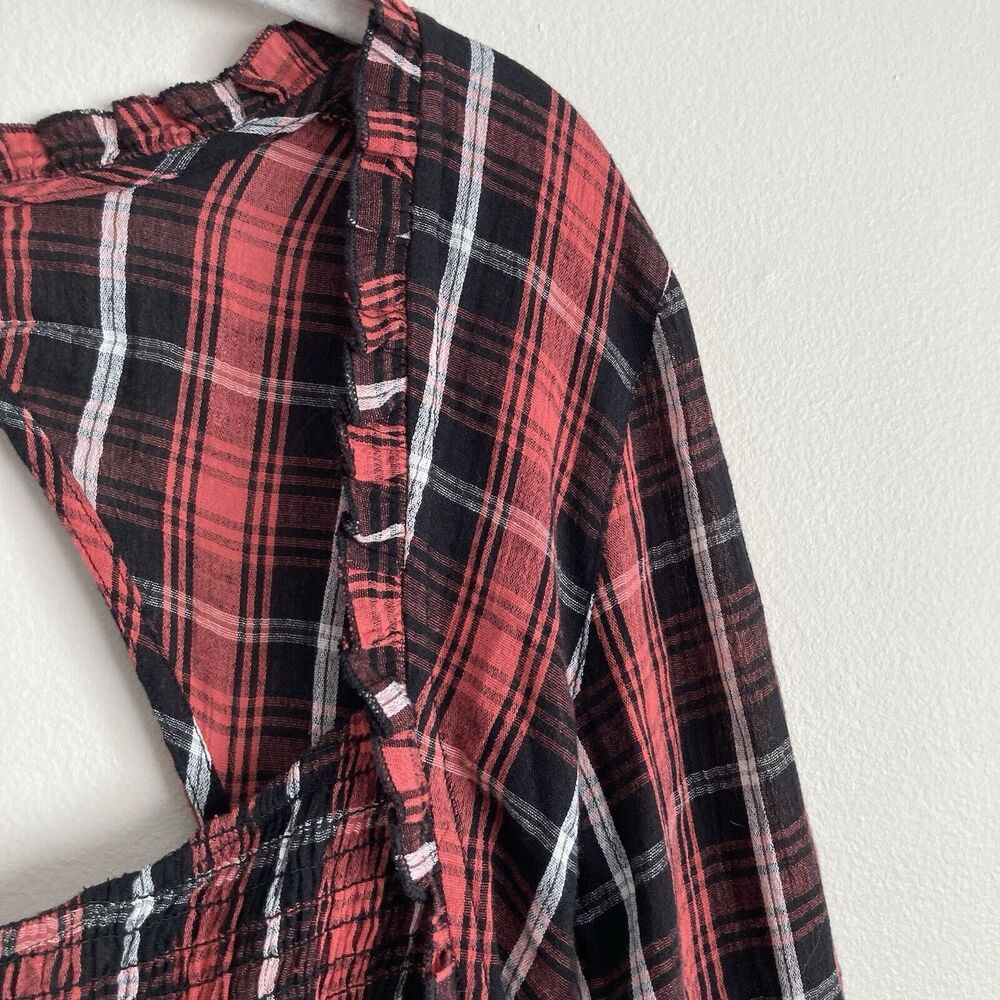 Free People Nicole Smocked Plaid Top Red Black Cropped Open Back Size Medium - Picture 3 of 11
